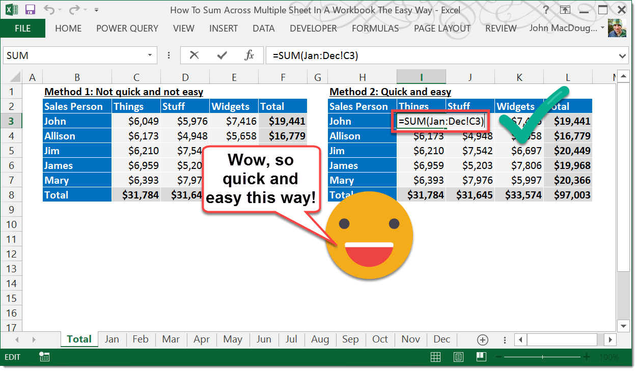 How To Sum Different Cells In Multiple Sheets In Excel