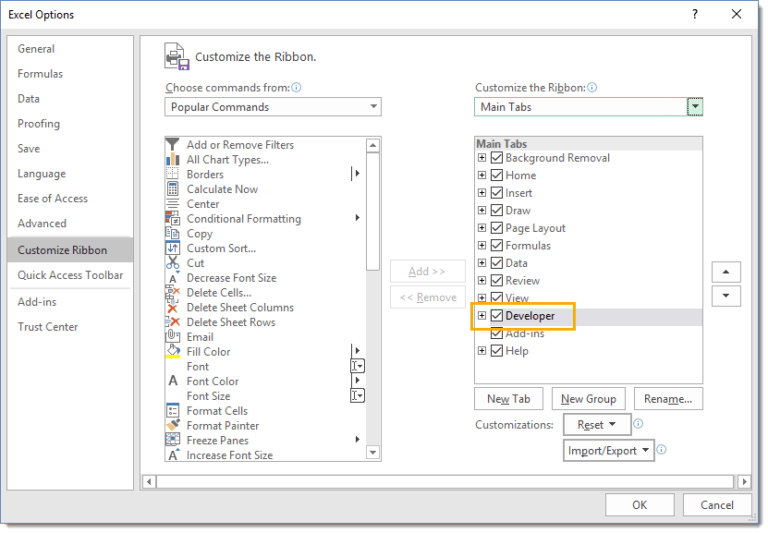 how to add developer tab in excel 2016