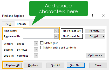Adding-Space-Characters-to-the-Find-and-Replace-Menu 4 Ways to Remove Unwanted Space Characters