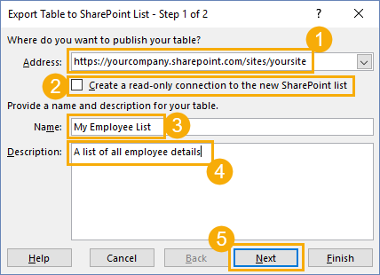 Export-Table-to-SharePoint-List-Wizard-Step-1 Importing and Exporting Data from SharePoint and Excel