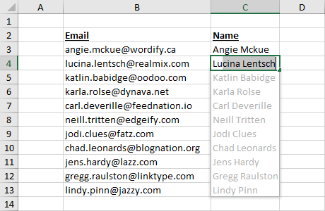 Extract-Names-from-Email-with-Flash-Fill Everything You Need To Know About Flash Fill In Microsoft Excel [15 Examples]