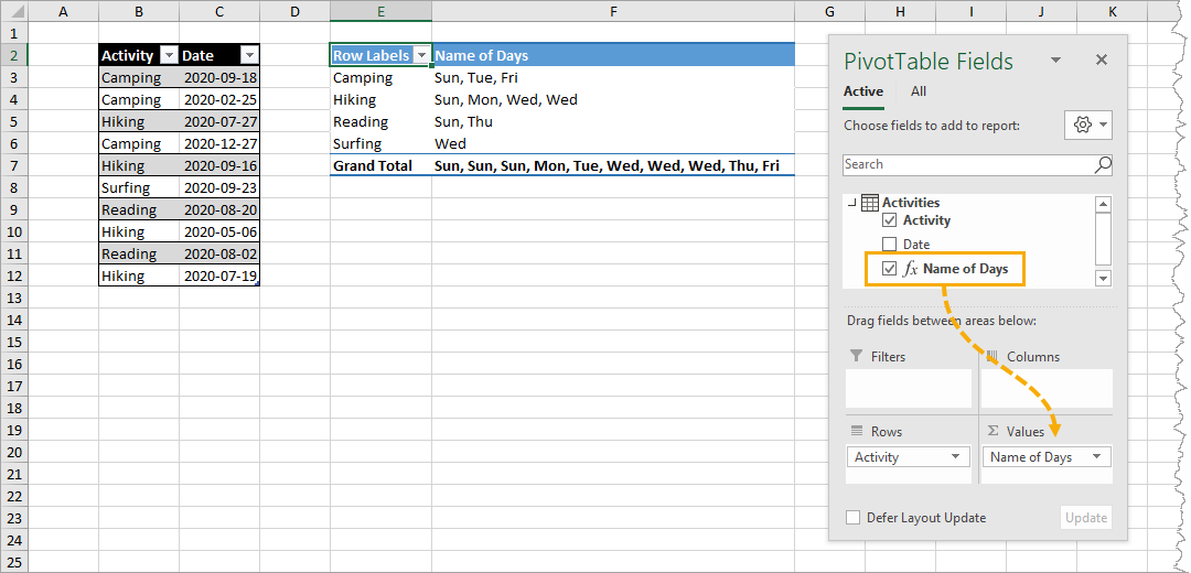 Add-the-Measure-to-the-Values-Area 7 Ways To Get The Weekday Name From A Date In Excel