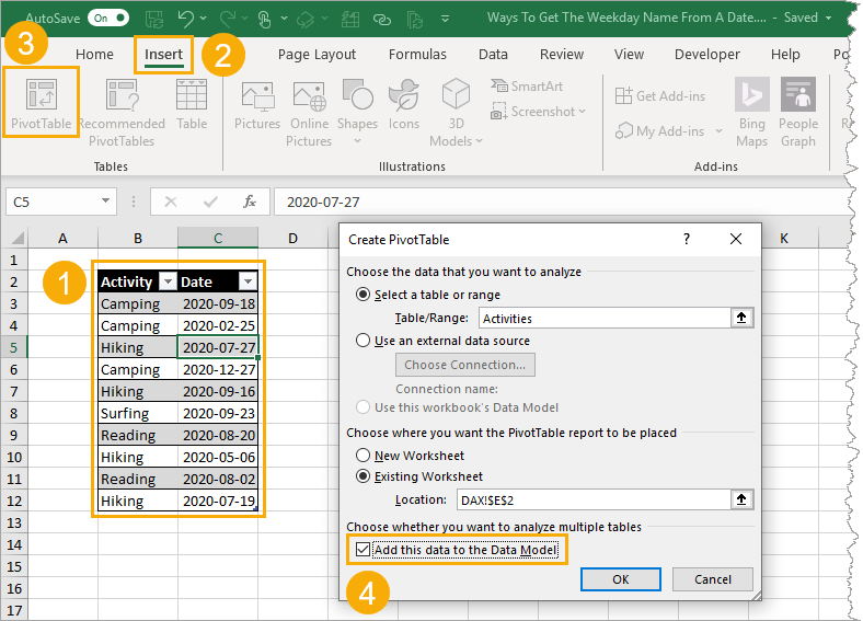 Insert-Pivot-Table-and-Add-to-Data-Model 7 Ways To Get The Weekday Name From A Date In Excel