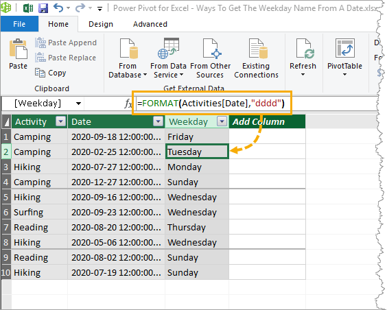 Power-Pivot-Calculated-Column 7 Ways To Get The Weekday Name From A Date In Excel