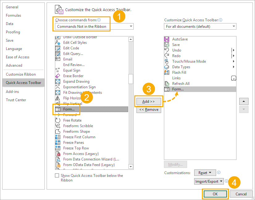 Add-Form-Command-to-Quick-Access-Toolbar 5 Easy Ways To Create A Data Entry Form In Excel