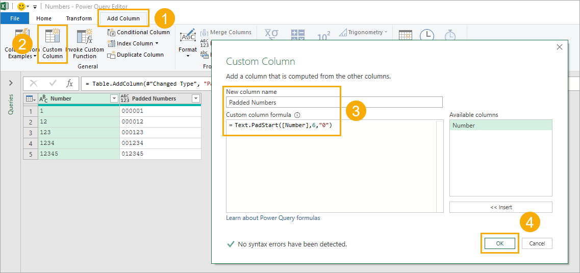 Custom-Column-with-Text。PadStart在Excel中添加前导零的9种方法