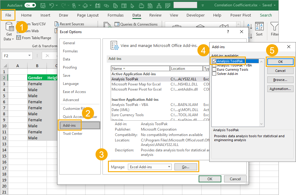 Enable-Analysis-Toolpak-in-Excel 3 Ways to Calculate a Pearson's Correlation Coefficient in Excel