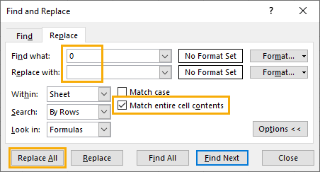 change to 0 excel