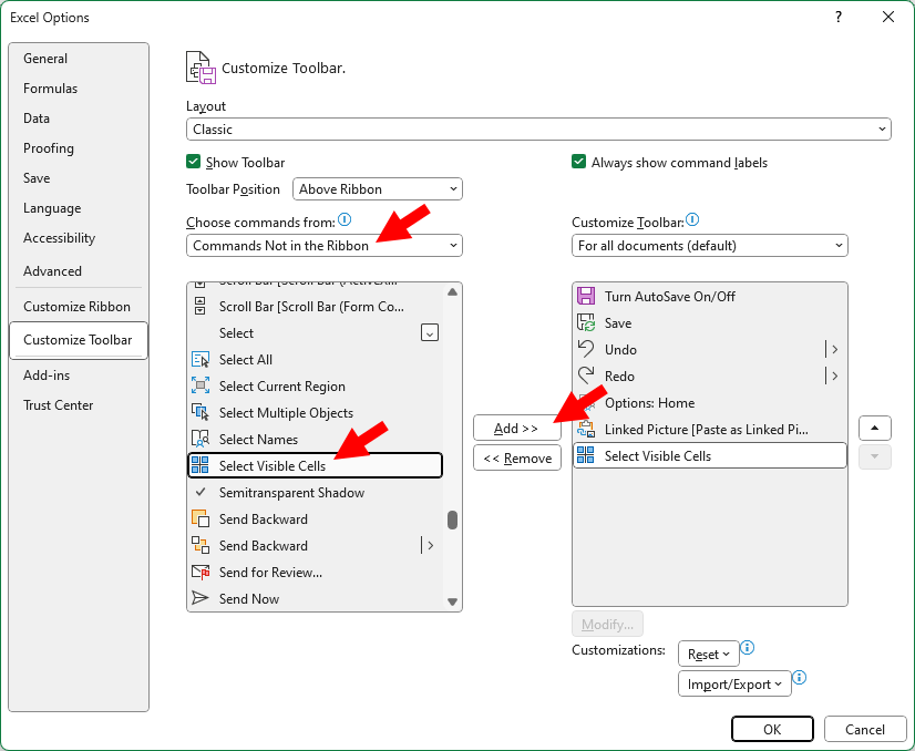 Select visible cells excel где