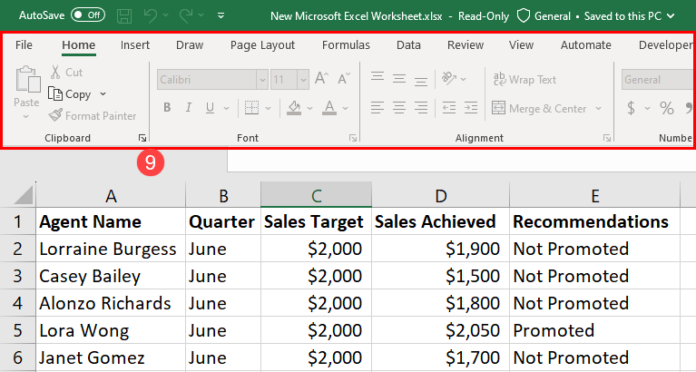 灰色的 Excel 功能区菜单