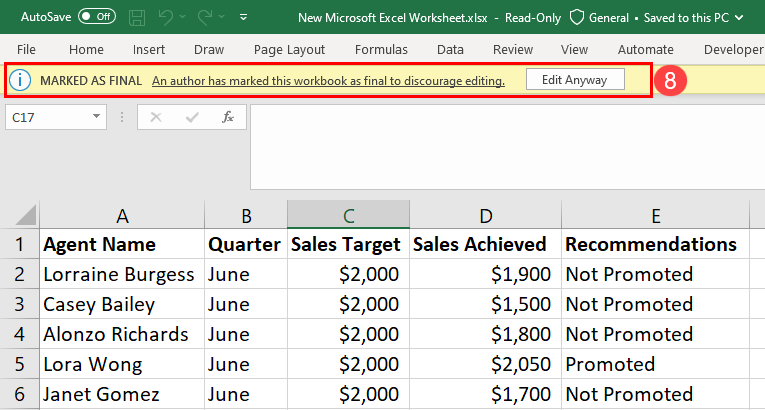 了解如何在 Excel 中将工作簿标记为最终版本