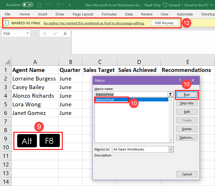 使用 Excel VBA 将 Excel 标记为最终版本