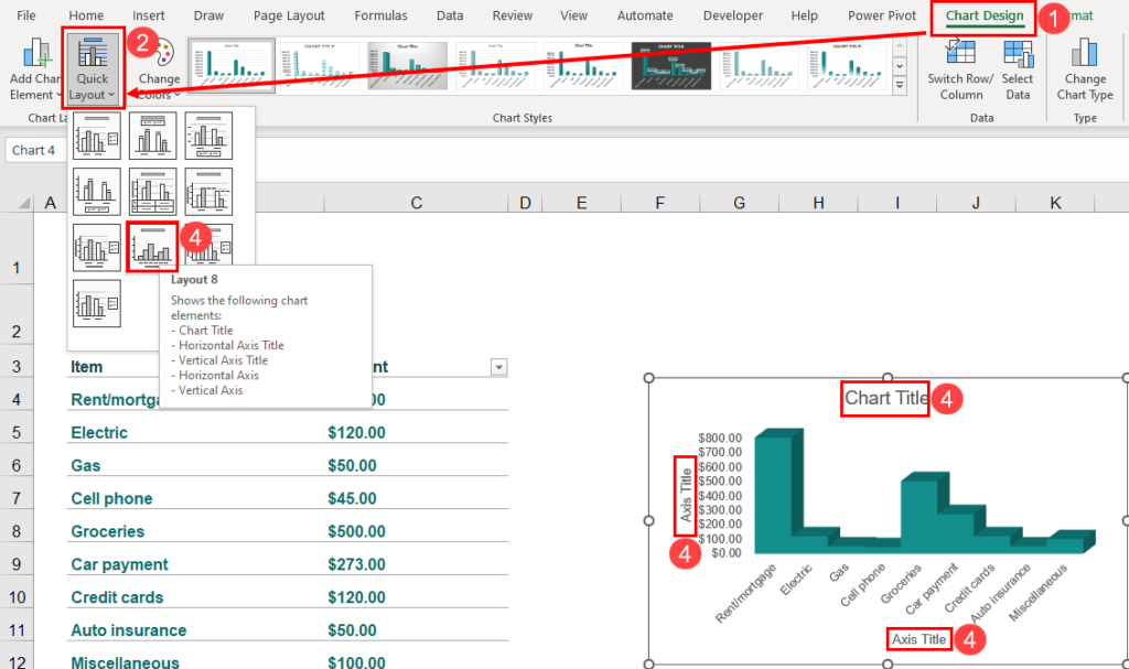 使用快速布局工具在 Excel 中添加轴标题