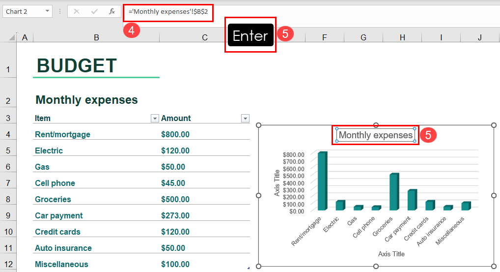 使用公式栏在 Excel 中添加轴标题