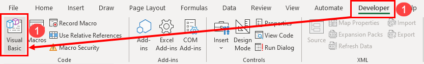 开发人员选项卡 Visual Basic 按钮