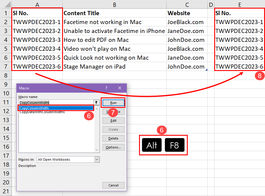 如何使用 Excel VBA 复制 Excel 中的列宽