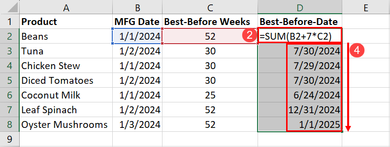 使用 SUM 在 Excel 中将周数添加到日期