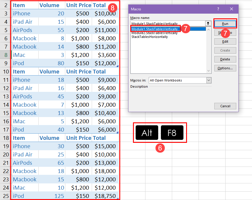 使用 Excel VBA 将多个表复制到一个表