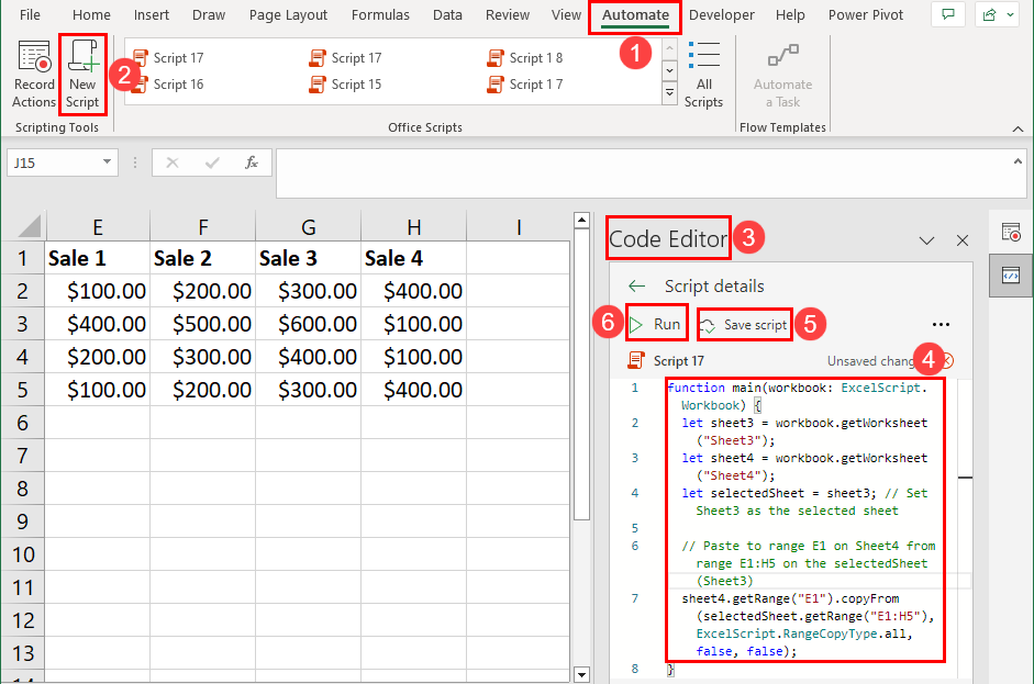 Pull data from another sheet in excel using office scripts