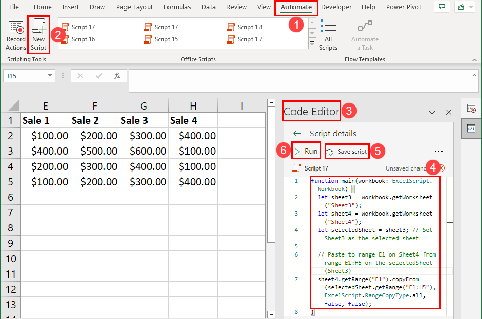 使用 Office 脚本从 Excel 中的另一张表中提取数据