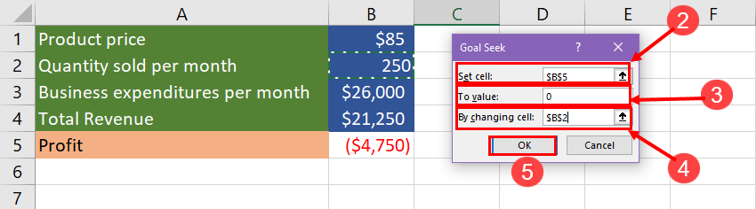 使用 Excel 目标搜索进行盈亏平衡点分析