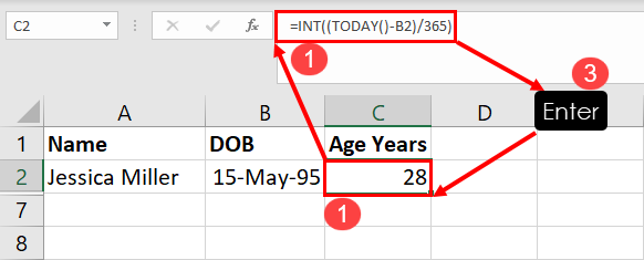 Calculate age in Excel from DOB using TODAY function