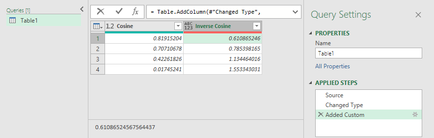 使用 Power Query 计算反余弦