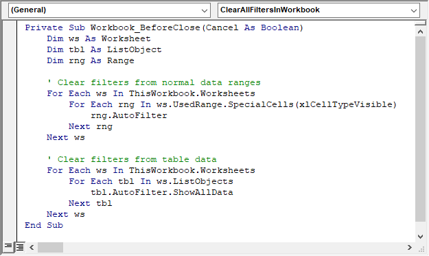 关闭 Excel 文件时清除所有筛选器