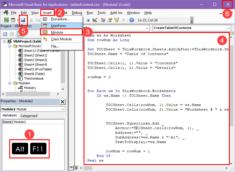 Creating a TOC VBA script in Excel VBA