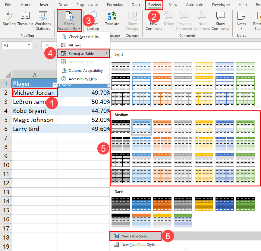 如何使用辅助功能更改 Excel 表格样式