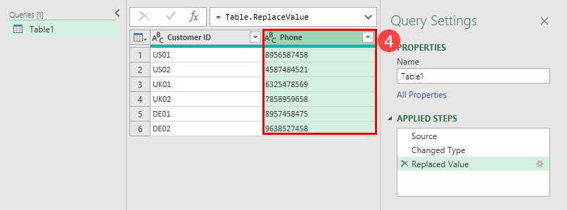 使用 Power Query 替换值删除 Excel 中的破折号