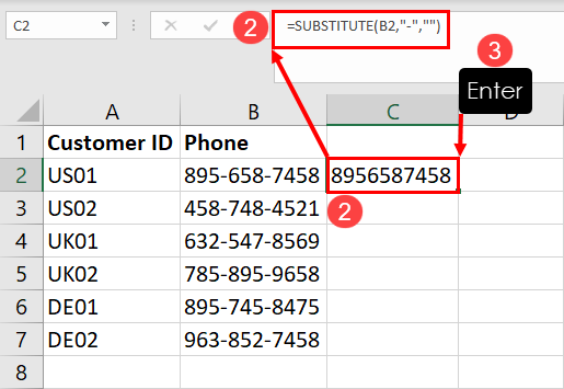 使用 SUBSTITUTE 删除 Excel 中的破折号