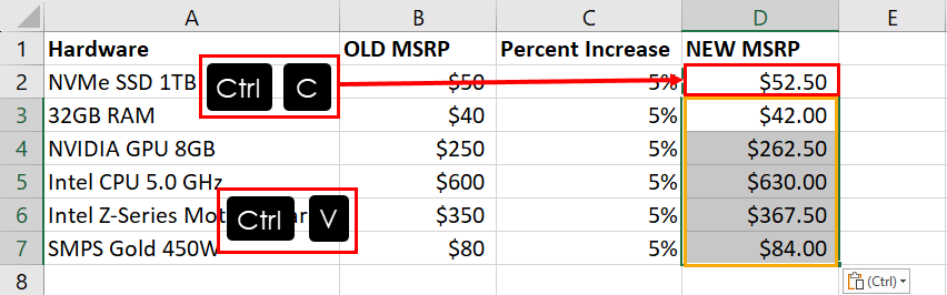 复制并粘贴增加百分比公式 Excel