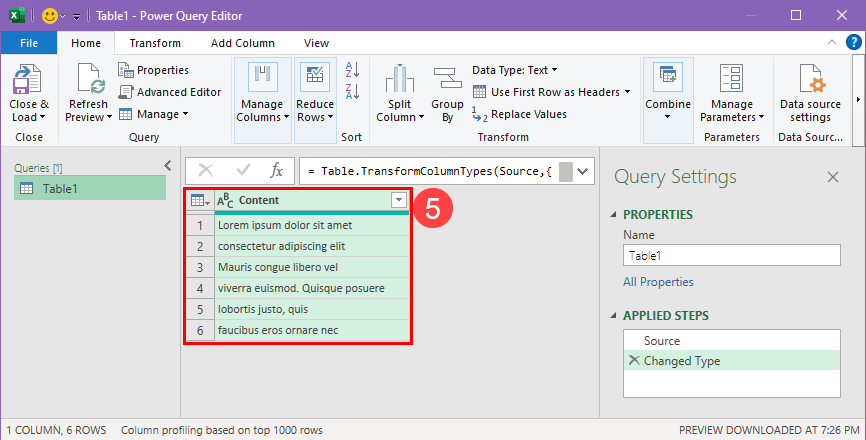 Power Query 编辑器中的 Excel 数据集