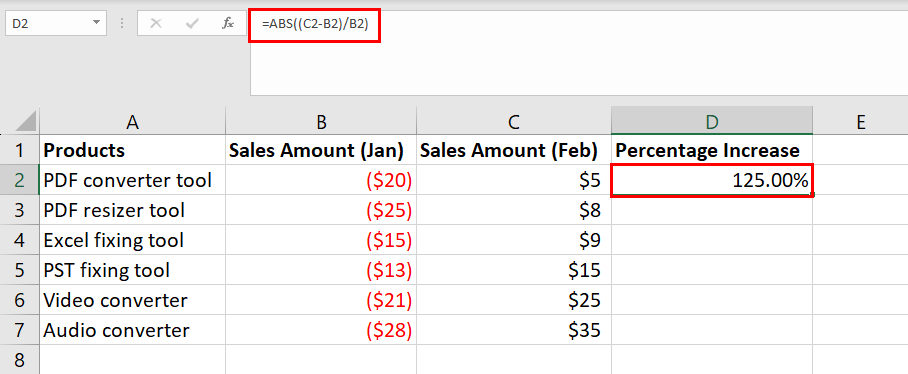 Excel 公式百分比将负数变为正数