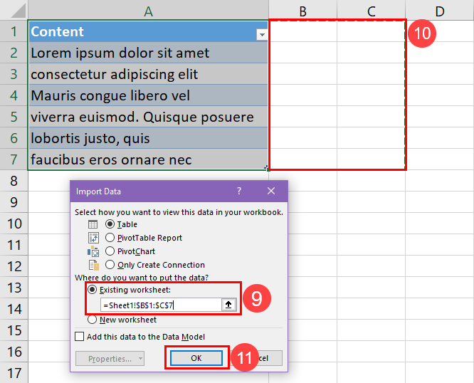 Import data to existing worksheet