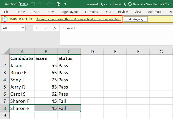 在 Excel 中标记为最终版本