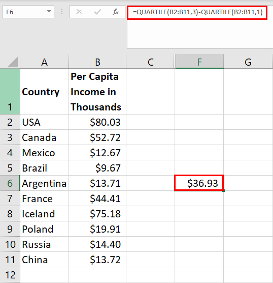 在 Excel 中计算 IQR 的一步公式