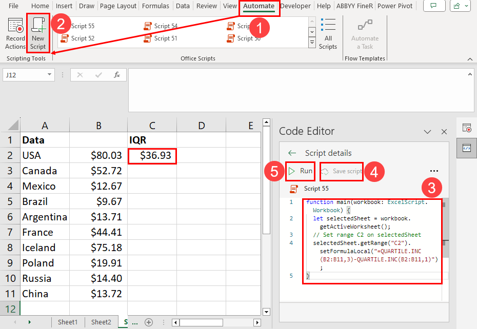 在 Excel 中运行 Office 脚本以获取四分位距