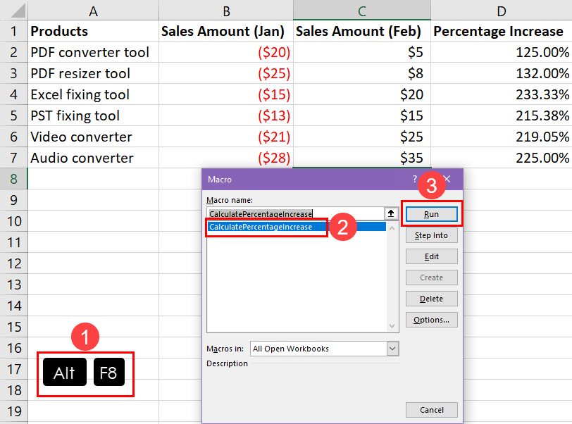 运行 VBA 获取 Excel 中增加百分比公式