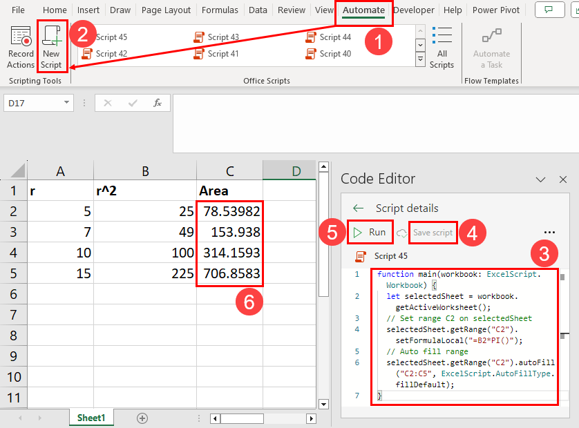 使用 Office 脚本在 Excel 中乘以 Pi