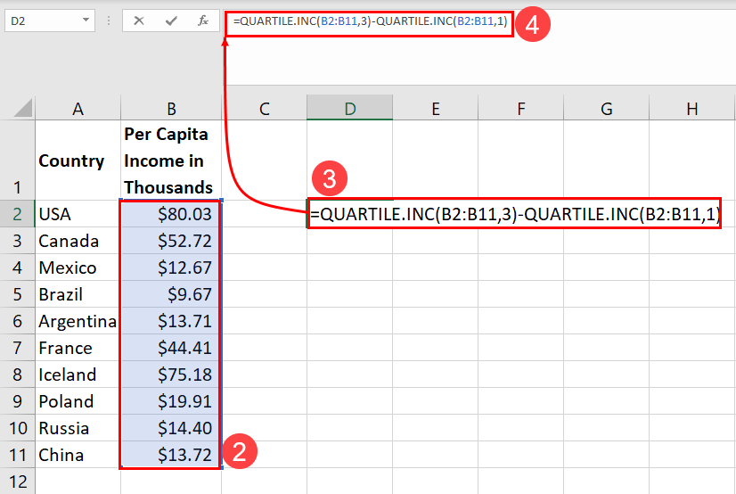 使用 Quartile.INC 进行 IQR