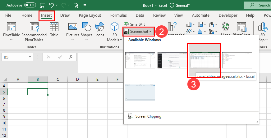 点击 Excel 上的截图工具