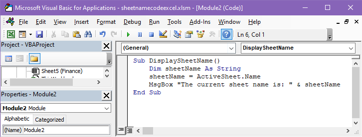 Excel VBA macro to display sheet name code