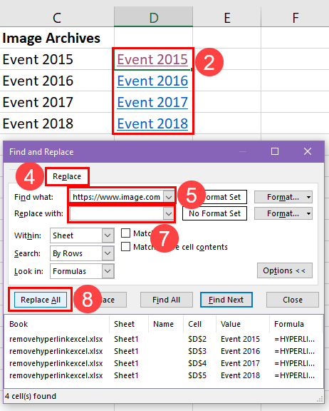 使用查找和替换删除 Excel 中的超链接