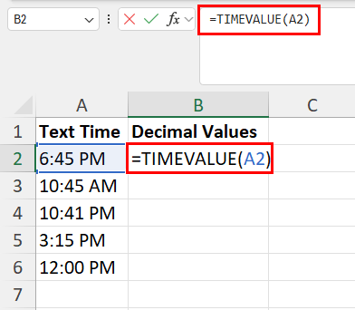 输入 TIMEVALUE 公式