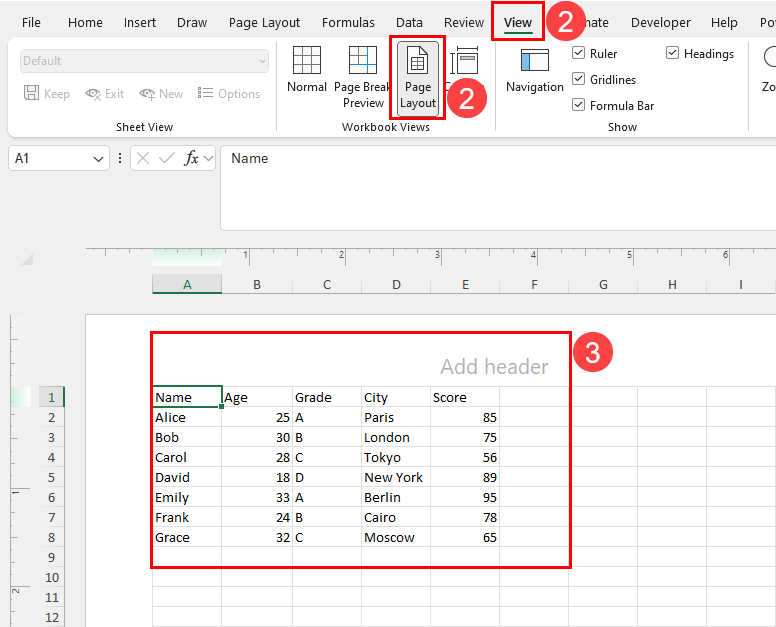 Excel 中的“视图”选项卡上的页面布局视图