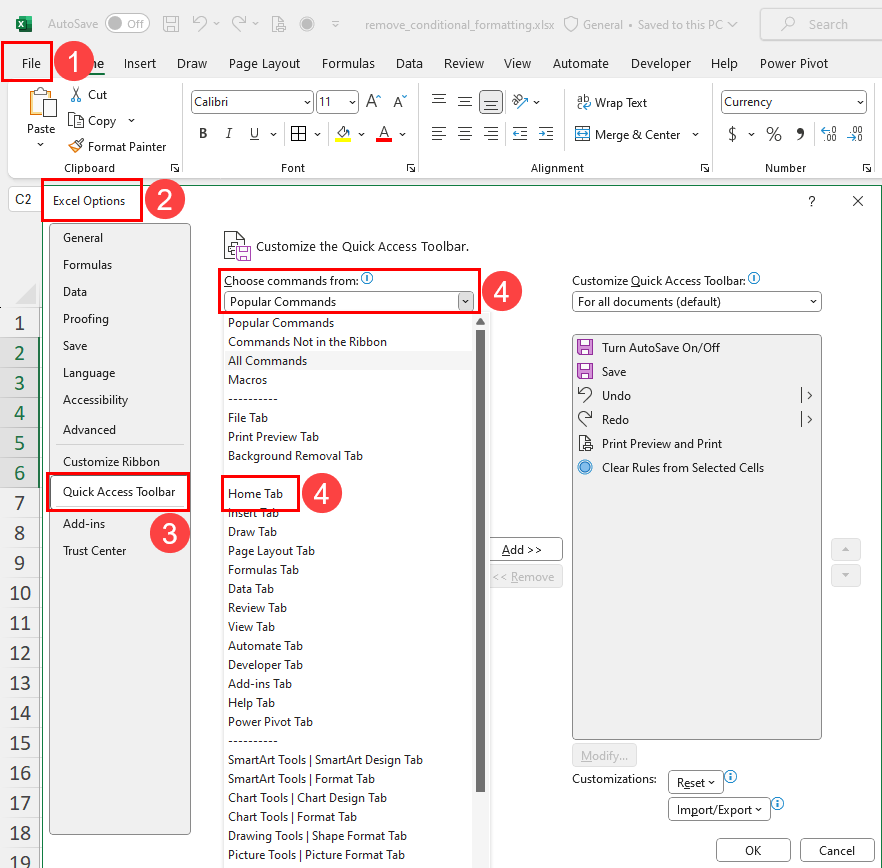 Excel 选项中的快速访问工具栏