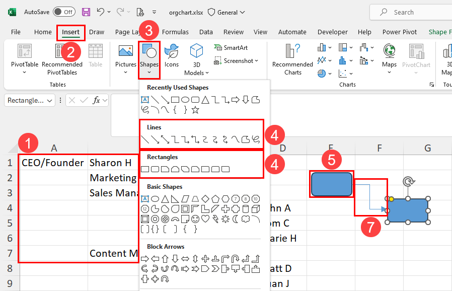 Excel 插图中的形状