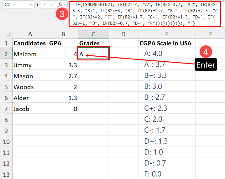 Using IF function to assign letter grades in Excel